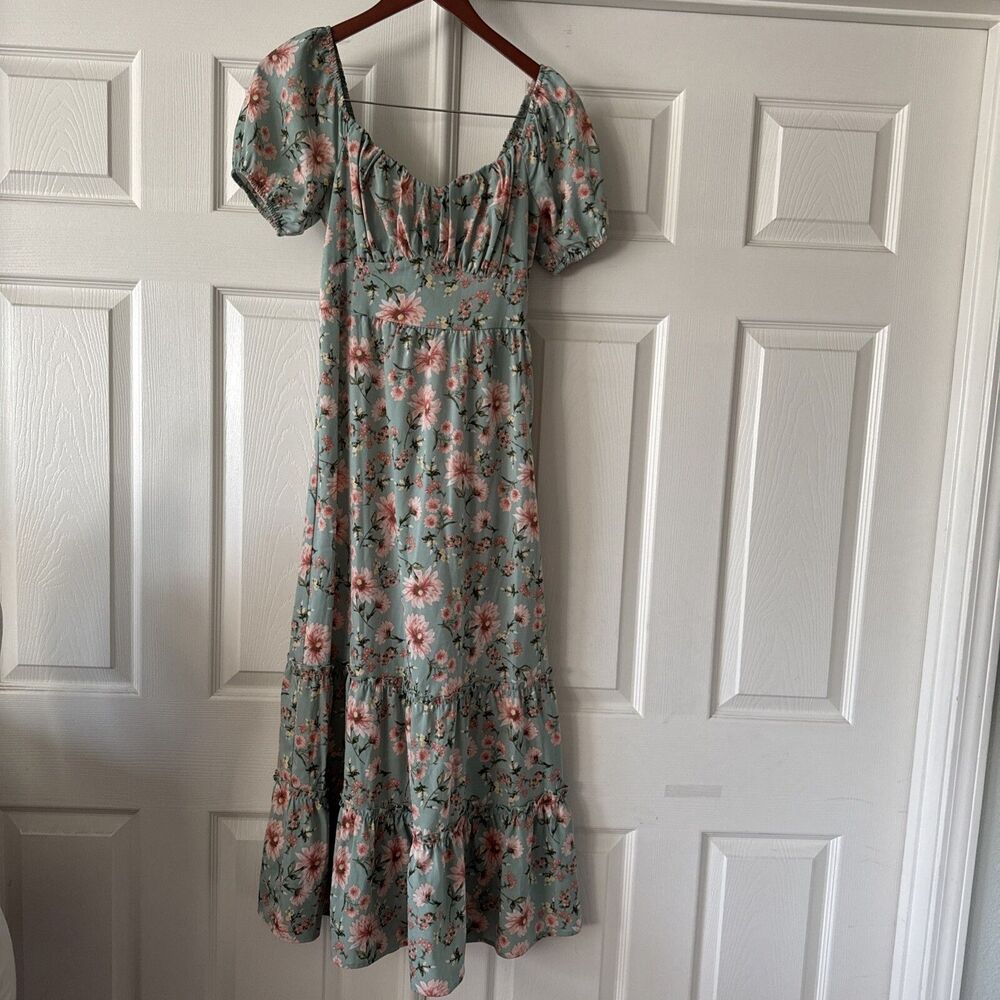 Inspired Hearts Womens Small Floral Milkmaid Dress Coquette Green Tiered Puff